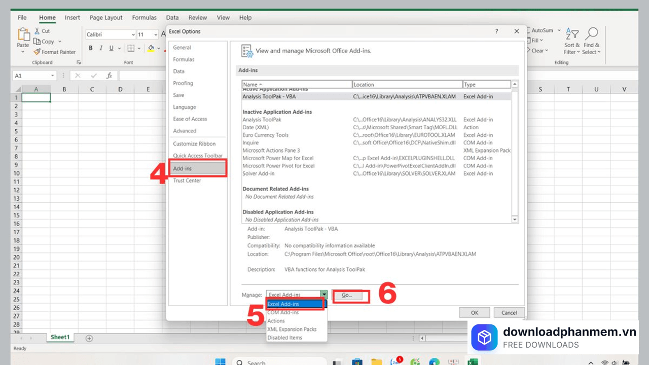 Cài đặt tiện ích bổ sung vào Excel