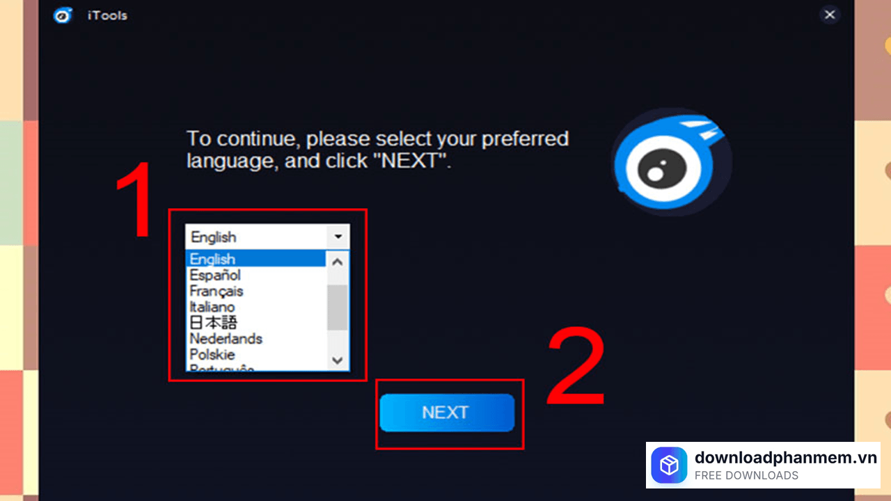 Lựa chọn ngôn ngữ nhấn Next