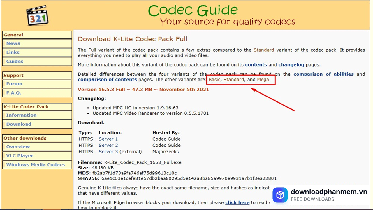 Các phiên bản tải xuống Codec Guide
