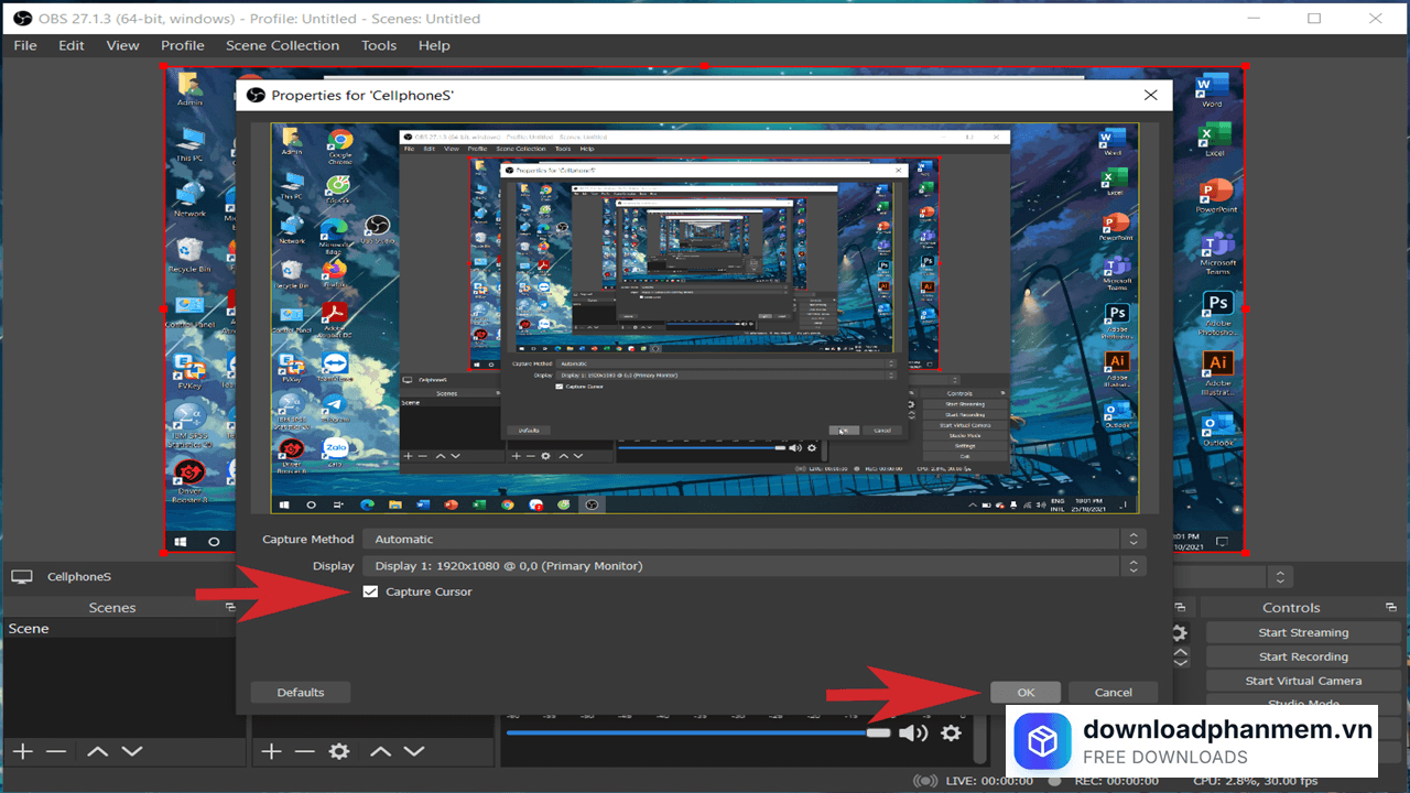 Tích chọn Capture Cursor nhấn OKE