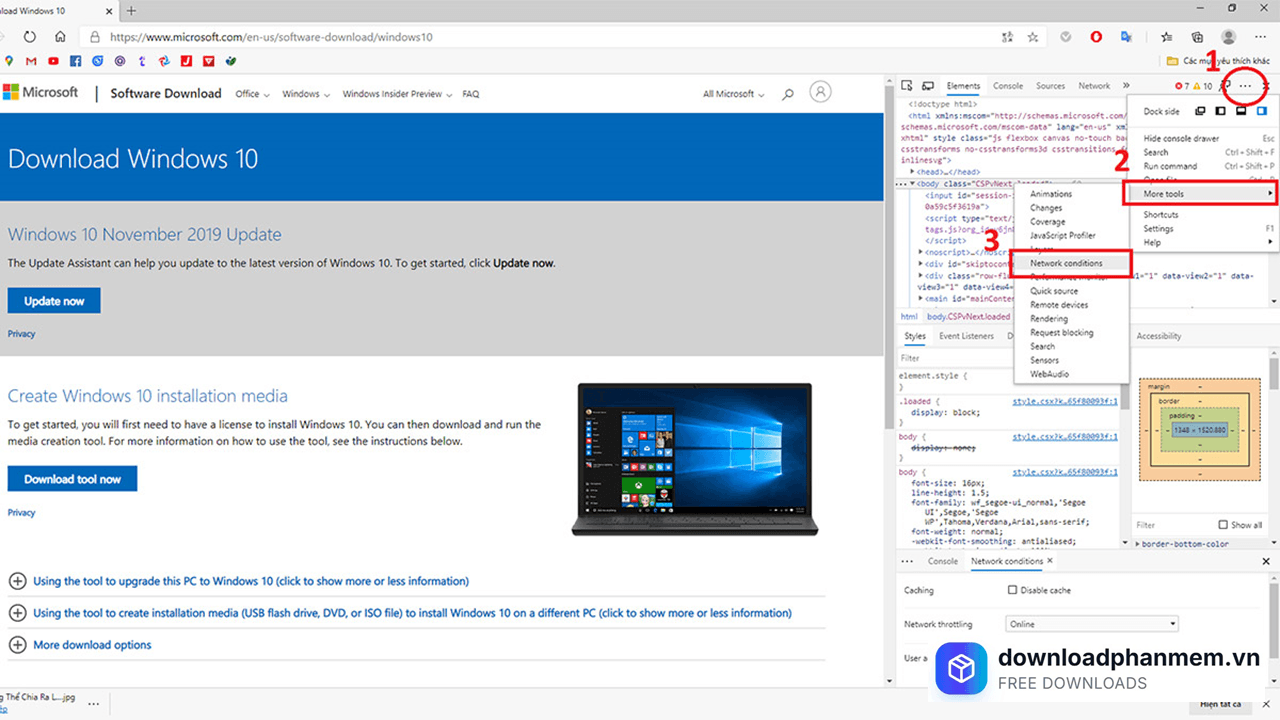 Chọn mục Network Conditions