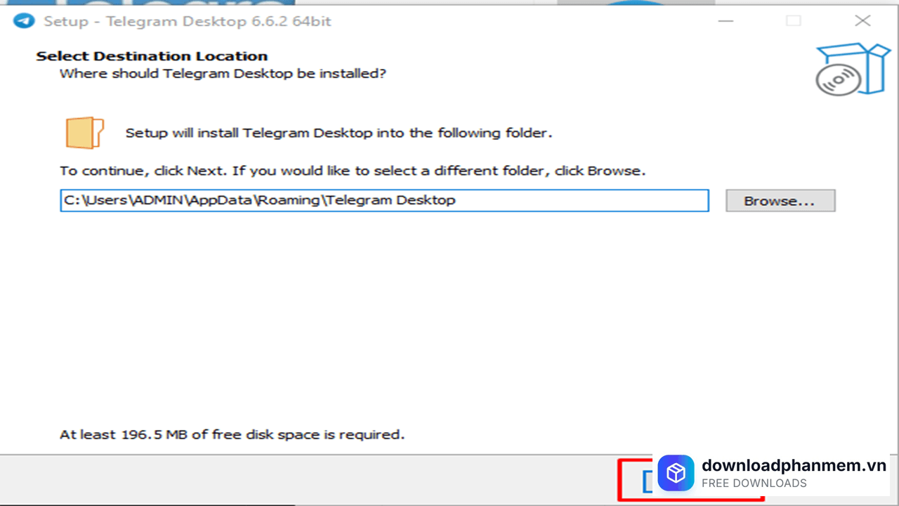 Nhấn Next để chọn mục lưu tệp