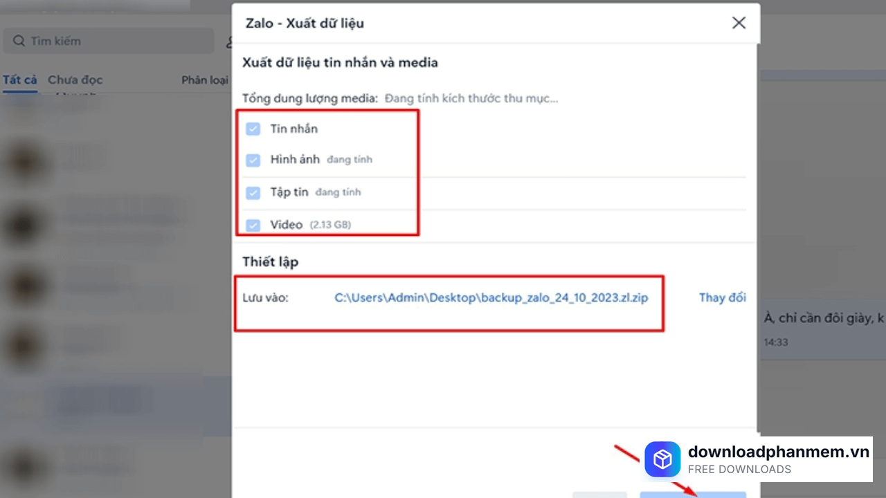 Chọn mục muốn xuất dữ liệu